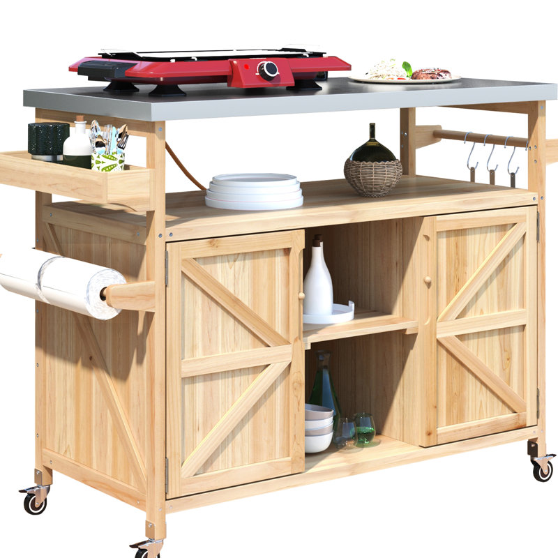 Versatile Outdoor Kitchen Cart With Bottle Opener - Functional & Handy French Country Bar Magnetic Door Holder Chic, Natural
