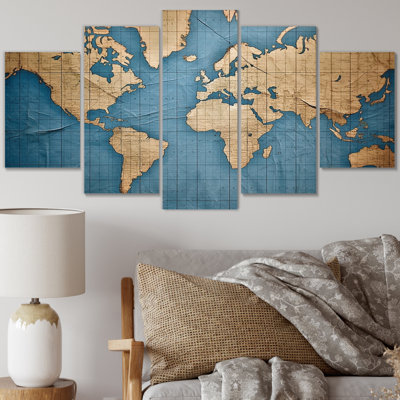 Ancienne carte du monde VII - cartes, reproduction sur toile - 5 panneaux
