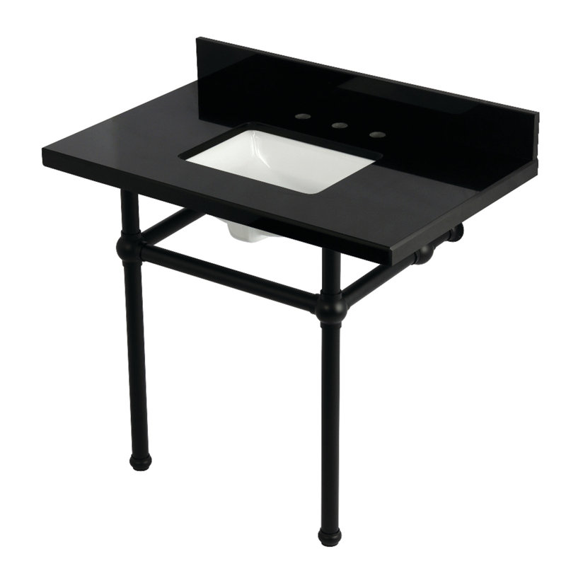 Kingston Brass Templeton 36-Inch Black Granite Console Sink with Brass Legs (8-Inch, 3-Hole), Matte Black