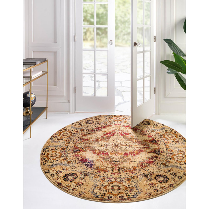 Tapis oriental bourgogne / beige / vert / gris Alameda, Rond 7 pi 1 po