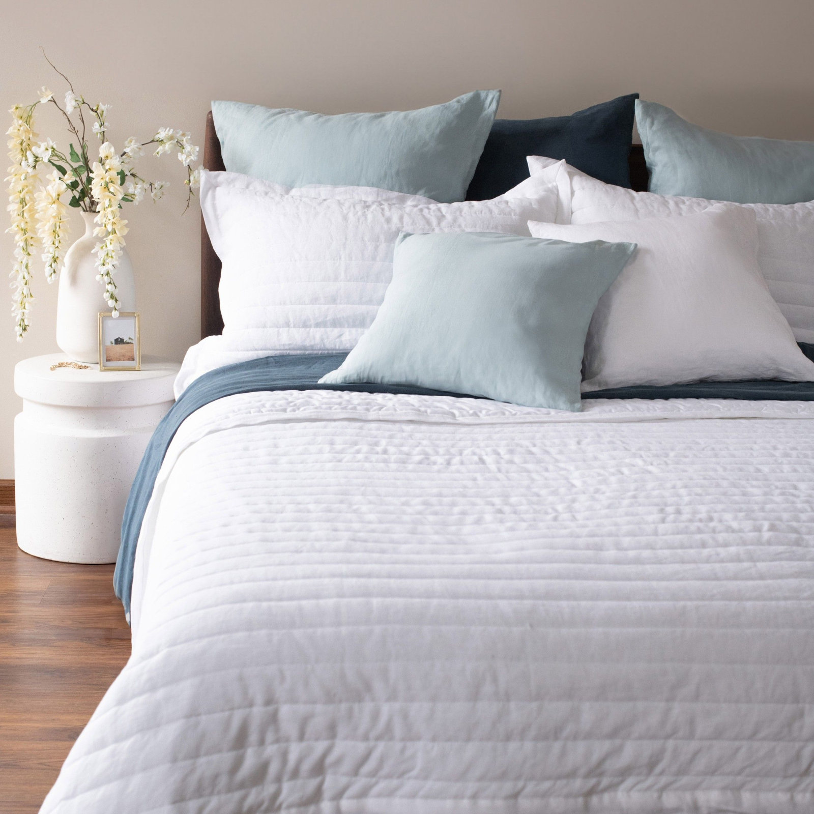 French Linen Channel Stitch Quilt & Sham Set - King/Cal King - Matcha, Twin Quilt + 1 Standard Sham, White