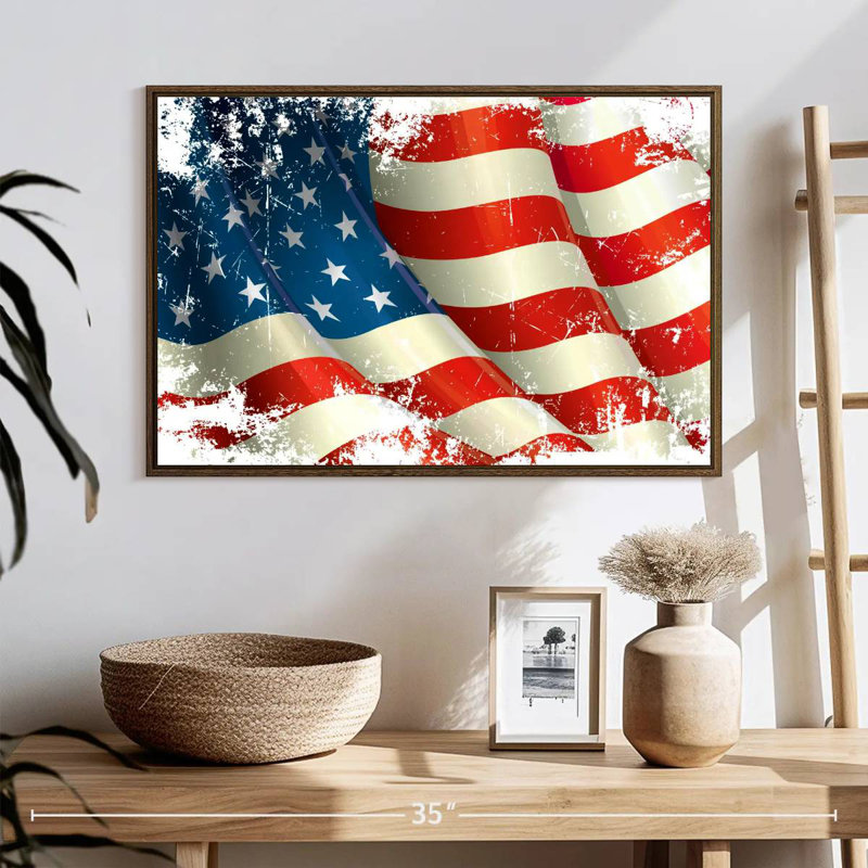 Drapeau américain grunge, 25 po x 17 po, Cadre flottant noyer