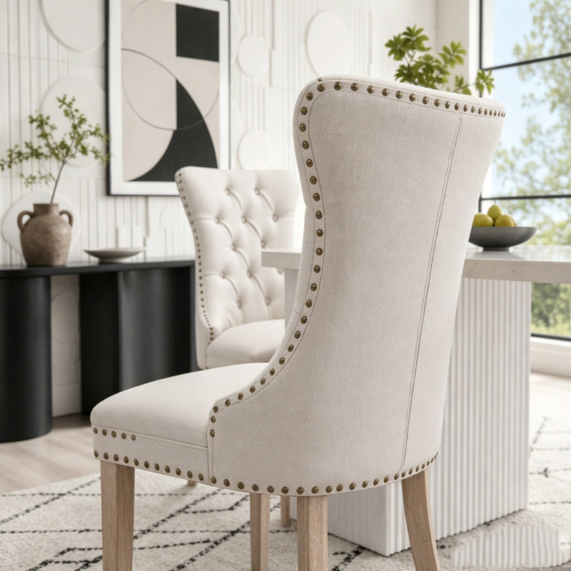 Chaise rembourrée en bois massif, Beige-1