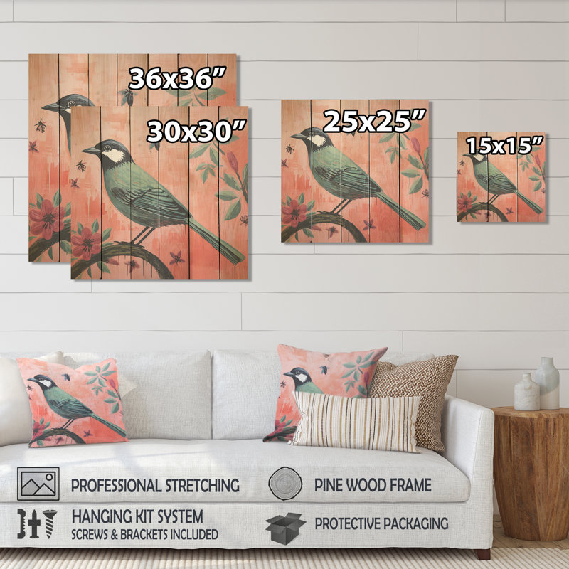 «Green and Pink Bird Floral Tree Harmony II», impression d'oiseau sur bois, H 15 po x l 15 po