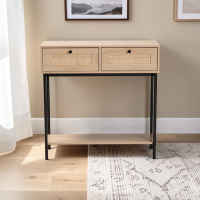 Console Zorica Mid-Century moderne en brun clair et noir avec 2 tiroirs et détails en rotin tissé