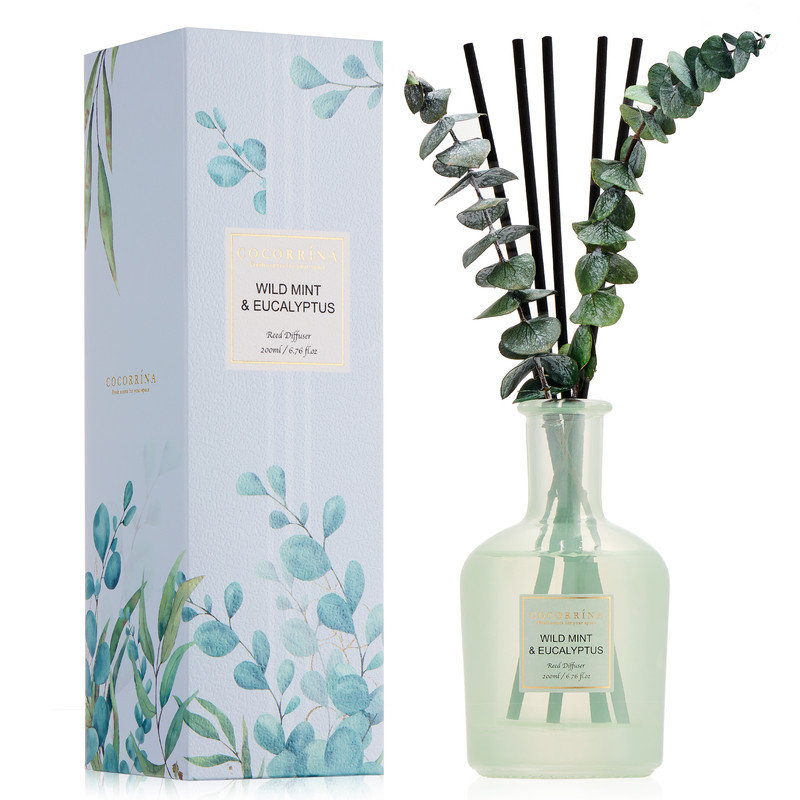  Wild Mint & Eucalyptus 6,76 oz liq. Diffuseur de roseaux avec 8 roseaux et de véritables bâtons d'eucalpytus, parfum de maison durable pour la décoration de bureau de chambre à coucher