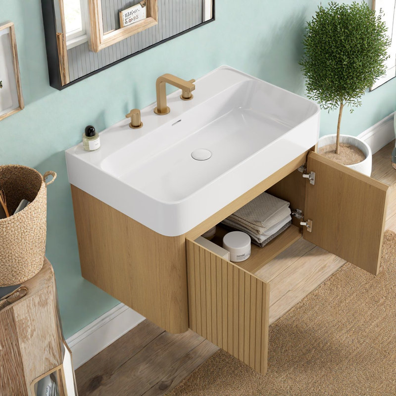 Meuble-lavabo flottant avec lavabo, contreplaqué 36 po, rangement pour salle de bain en chêne moderne, 29.53