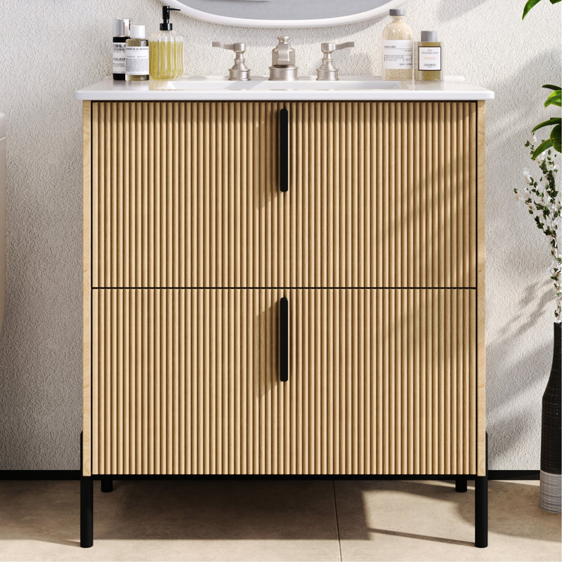 Meuble-lavabo de 30 po avec lavabo en céramique, tiroirs d'extension, glissières de tiroir encastrées à fermeture en douceur, conception cannelée, esthétique naturelle - option d'espace pour un meuble-lavabo à capacité de rangement optimale, intégré