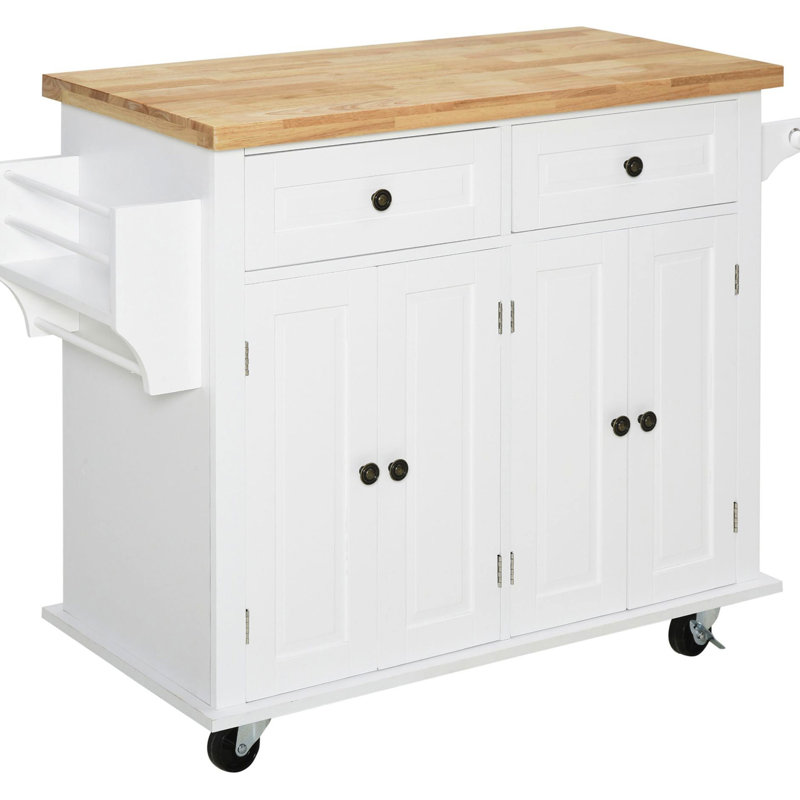 Îlot de cuisine blanc avec armoires dissimulées, porte-serviettes et plan de travail en bois d'hévéa - îlot de rangement pratique, blanc, plateau de travail fiable