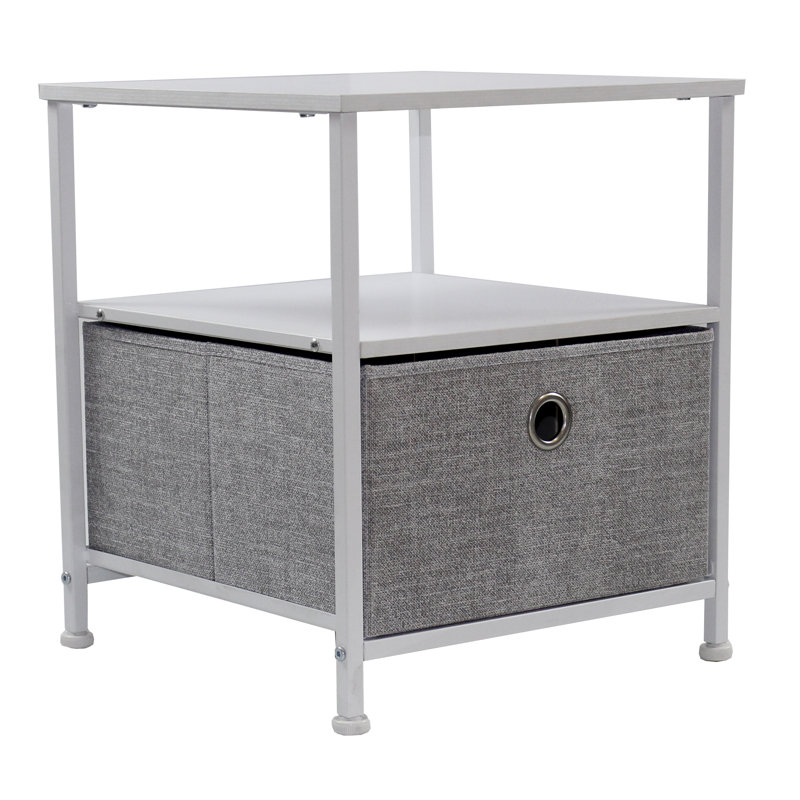 White Metal and Fabric 1-Drawer End Table with Shelves