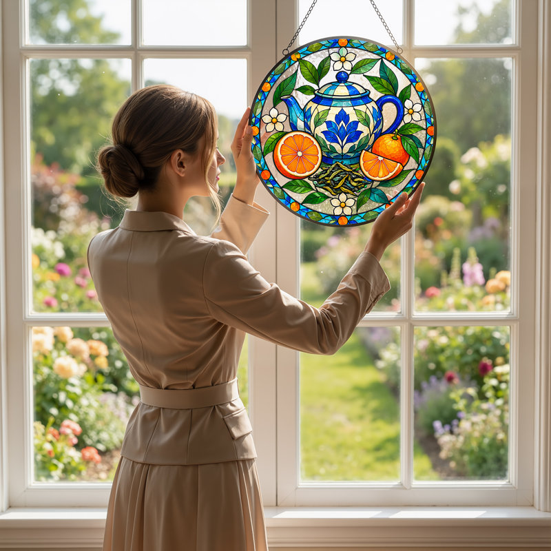 Théière bleue et blanche avec oranges en verre teinté, art mural, H 7,8 po