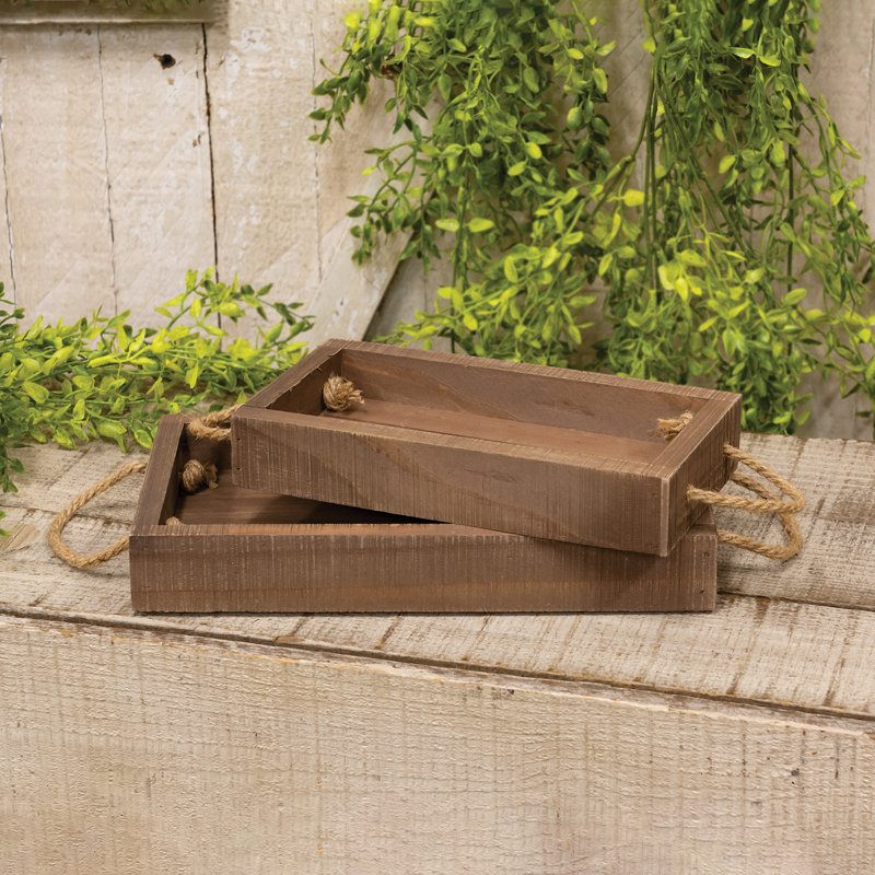 2/Set - Stained Wood Rectangle Trays w/Jute Handles