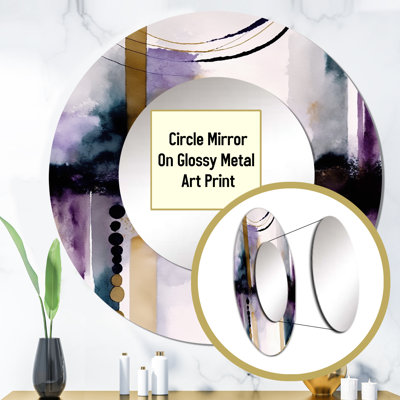 Purifory Abstract Geode Geometric Purple And Gold II - Geometric Large Wall Mirror, Purple Round Unique Mirror, Printed Metal Art