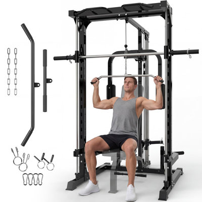 Smith Machine Power Cage Squat Rack with LAT Pulley & Chest Station – Home Gym for Strength Training