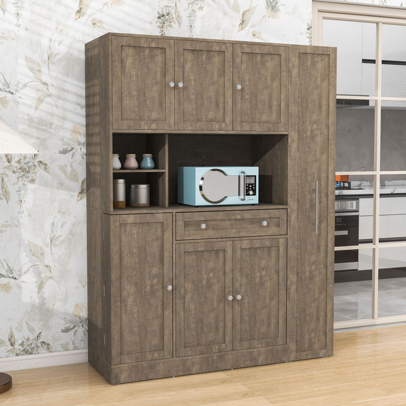 Extra-Deep Pantry Storage Cabinet with Hutch, Pull-Out Side Shelves and Adjustable Shelves, Brown