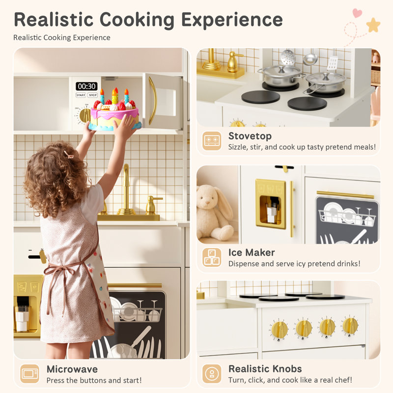 Cuisine en bois pour enfants avec machine à glaçons, cafetière et accessoires de cuisine, Beige