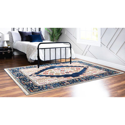 Hand Knotted Ivory & Navy Wool Area Rug – Traditional Medallion Floral Design