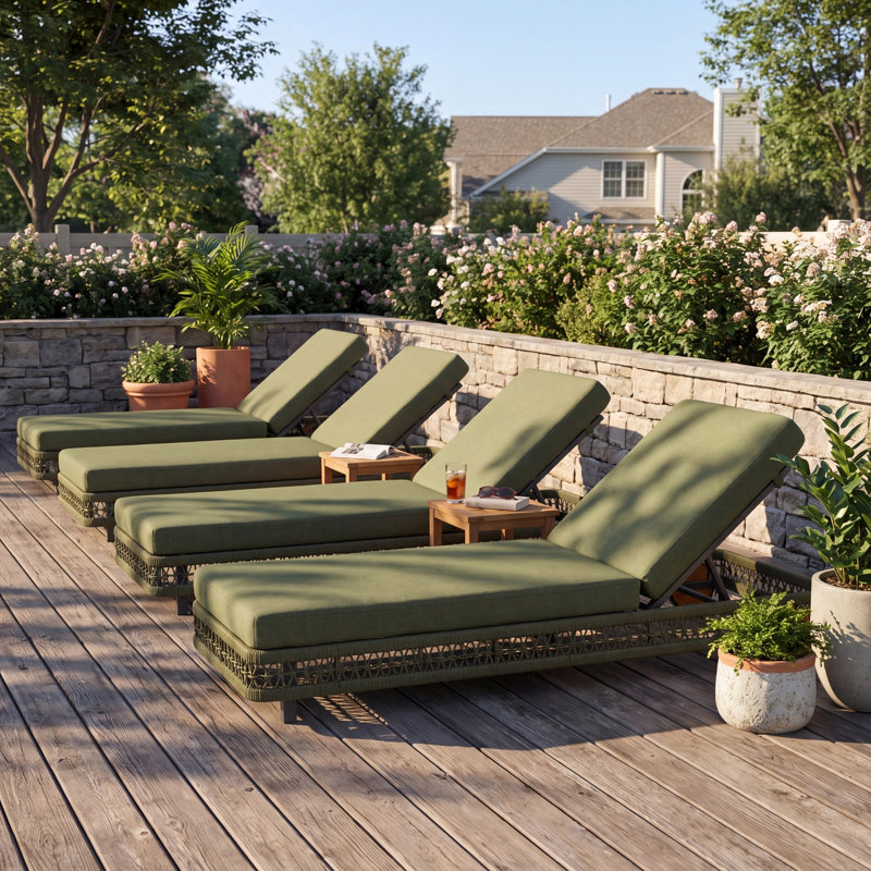 Chaise longue d'extérieur en corde tissée avec roulettes, ensemble de 4, dossier réglable à 5 positions