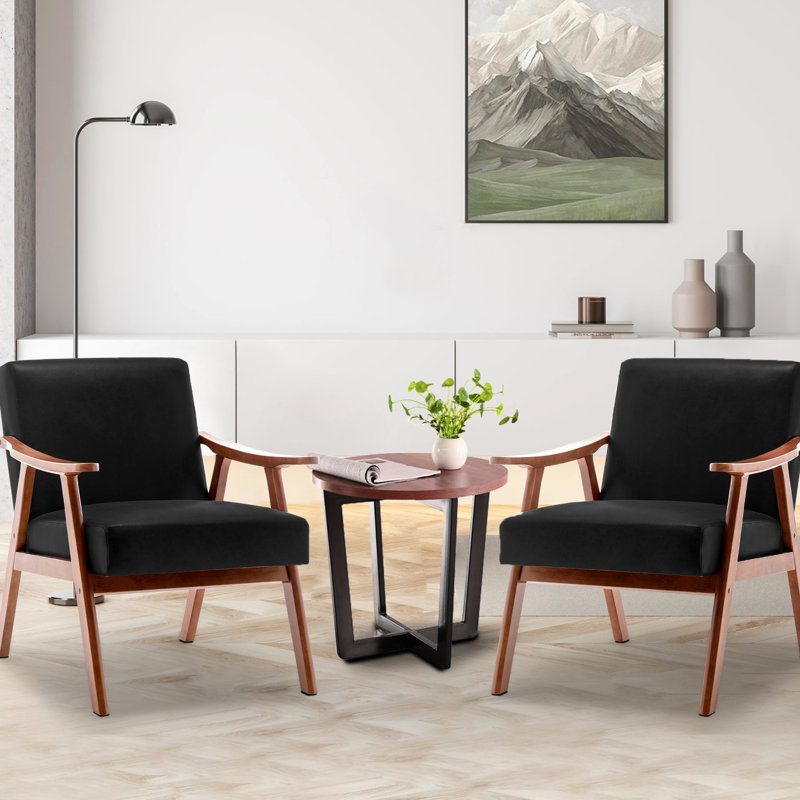 Fauteuil d'appoint moderne en bois massif, de style milieu du siècle, avec dossier, revêtement en cuir PU noir, idéal pour la chambre, le salon ou un coin lecture. Pieds enveloppants, revêtement en cuir, décoration intérieure, montage rapide inclus.