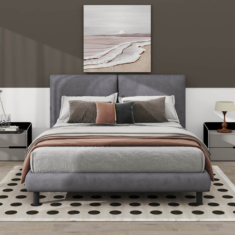  Lit plateforme tapissier Rusell avec deux grands appuis-tête et tissu épais, gris