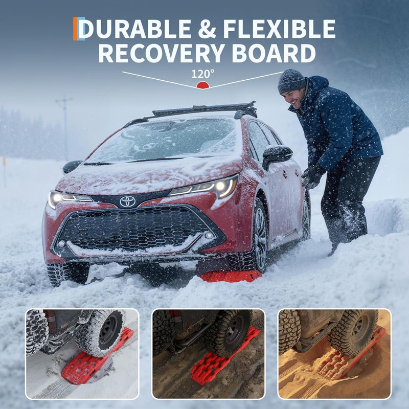 2-Pack 27" Off-Road Recovery Traction Boards, 10T Heavy Duty Tire Tracks for Mud Sand Snow, Bendable Anti-Slip Mats with Jack Base, Red