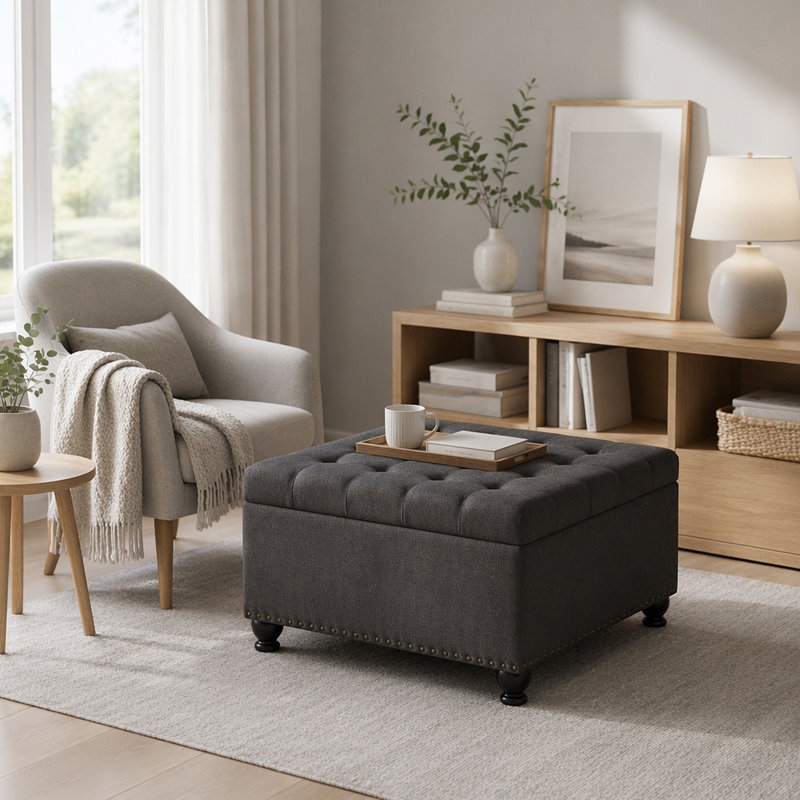 Large Square Storage Ottoman With Wooden Legs, Upholstered Button Tufted Coffee Table, Dark Gray