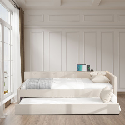 Modern Upholstered Daybed with Pull-Out Trundle – Space-Saving Guest Bed with Backrest for Bedroom or Living Room by Latitude Run