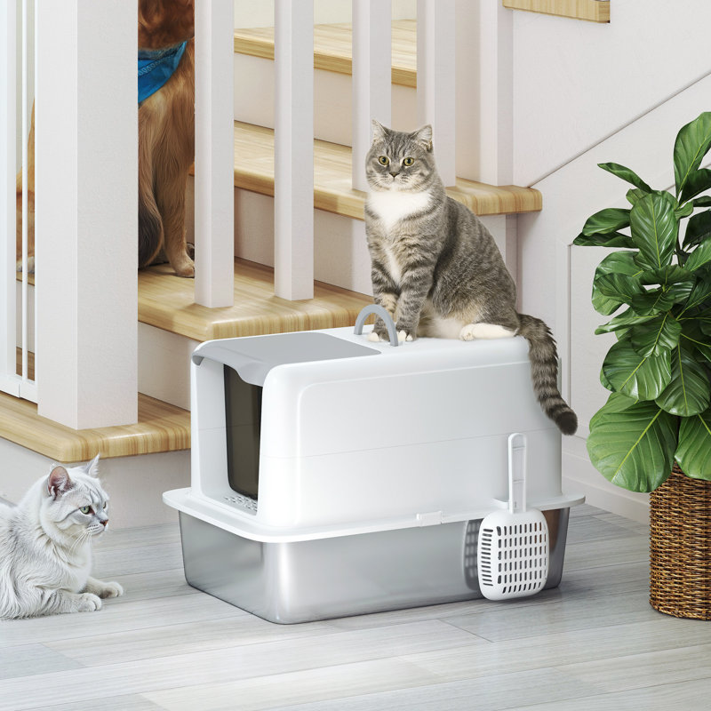 Stainless Steel Litter Box Enclosure with Scoop, White