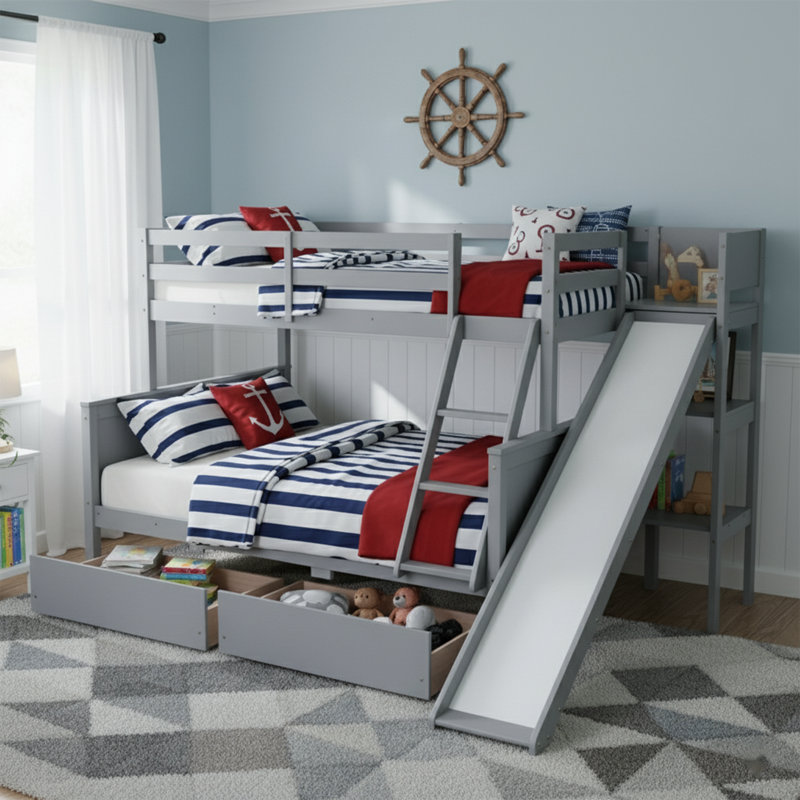 Lit superposé simple au-dessus de double l 95 po avec glissière, tablettes de rangement et 2 tiroirs, bois d'hévéa, gris