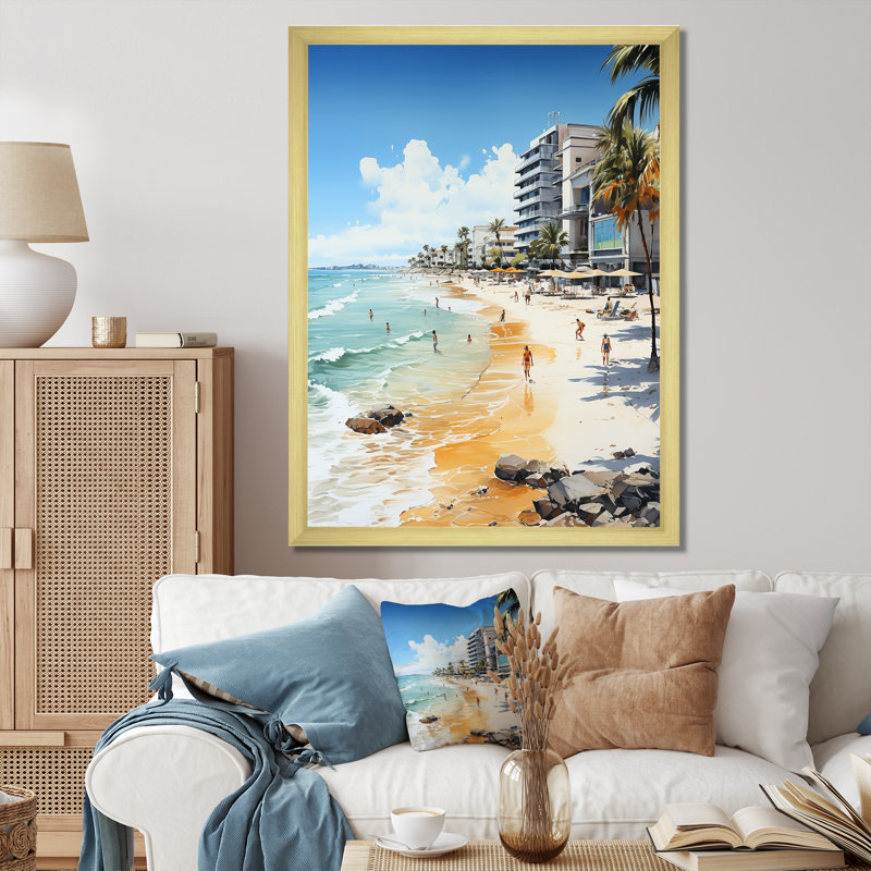 Honolulu beige turquoise Miami Beach, reproduction d'art sur toile, H 44 po x l 34 po x P 1,5 po, Encadrement doré