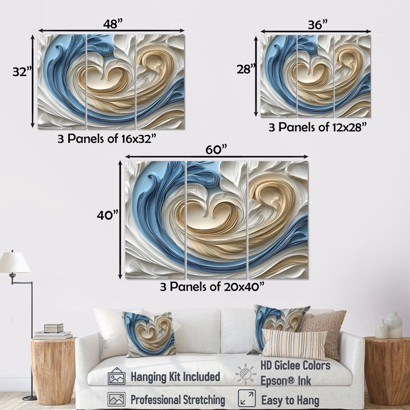 «White Spiraling Hearts Accented with Blue I», ensemble d'art mural spirales abstraites, H 28 po x l 36 po x P 1 po