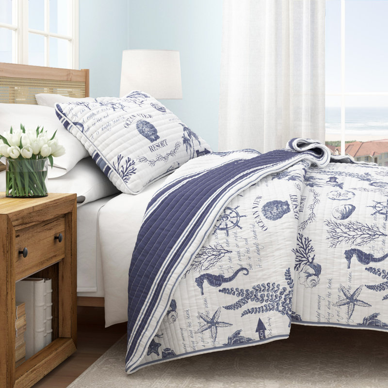 Navy Nautical Cotton Quilt Set, Full/Queen Quilt + 2 Shams