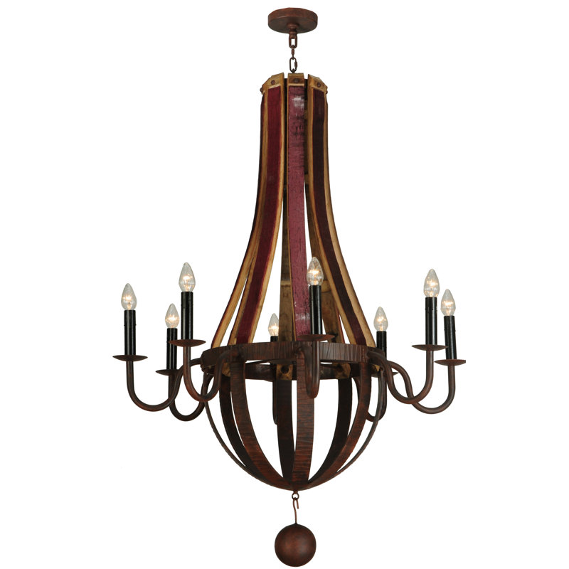 8 - Light Chandelier, Wrought Iron/Natural Wood, 59" H x 44" W x 44" D