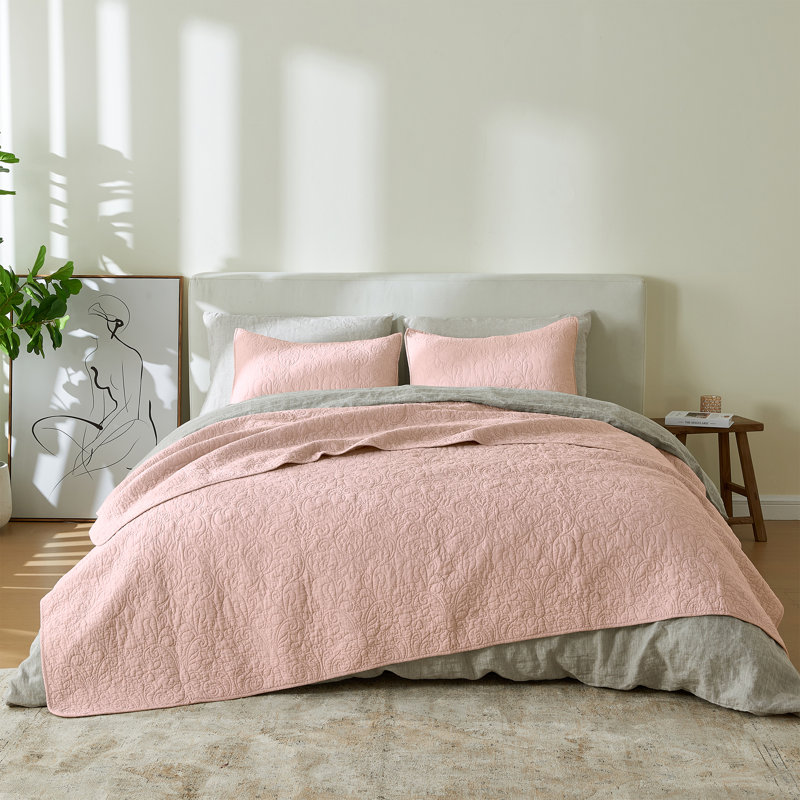 Ensemble de courtepointe 100% coton avec détails surpiqués Boho, Rose - héritage