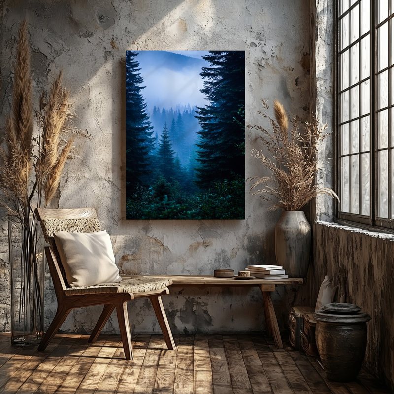 Toile «A Dense Misty Forest Scene Captured At Twilight» mettant en vedette un art mural imposant, arbres à feuilles persistantes avec différentes nuances de vert profond