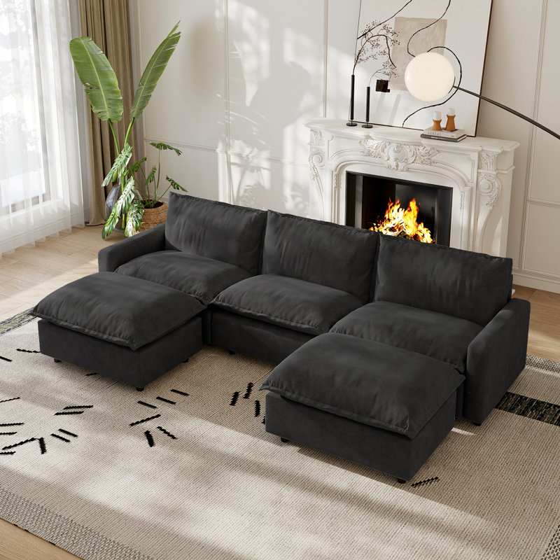 5-Piece Upholstered Modular Linen Fabric Sectional Sofa With Ottoman, 35.04" H x 116.14" W x 59.44" D, Gray Linen