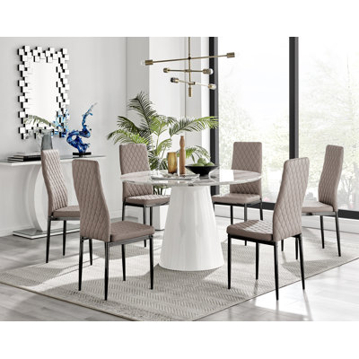 Edward Statement Marble Effect Pedestal Dining Table Set with 6 Faux Leather Upholstered Dining Chairs