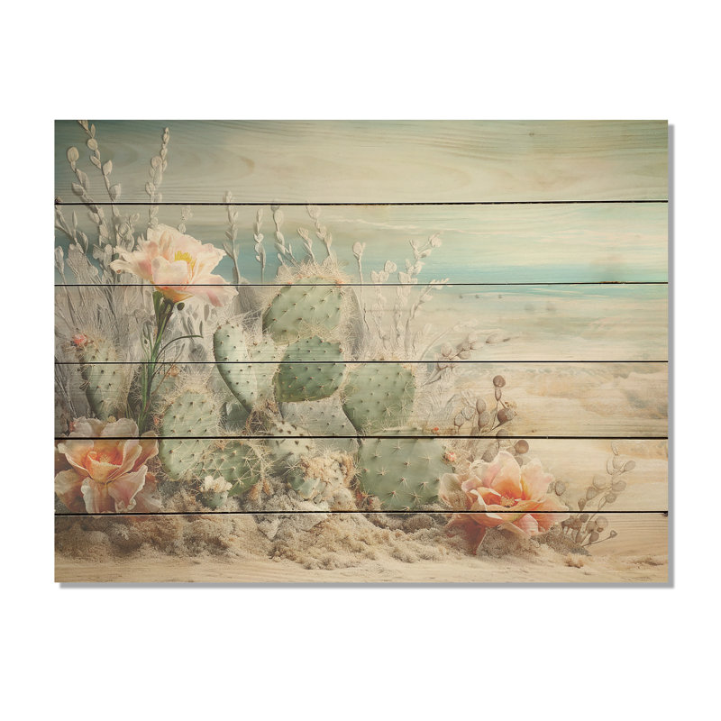 Collage de cactus sur la plage I - Art mural en bois de cactus sur bois de pin naturel, H 10 po x l 20 po