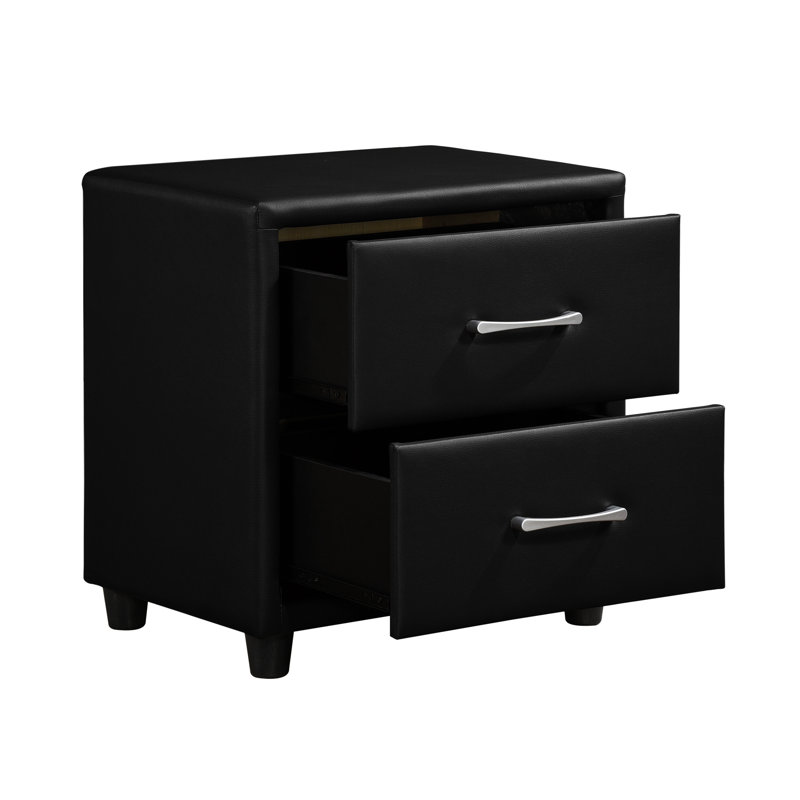 Chambre 2 Table de chevet en similicuir noir avec poignées ton argent