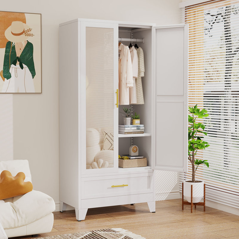 70,87 po Armoire de rangement en métal avec miroir et tiroir, Blanc