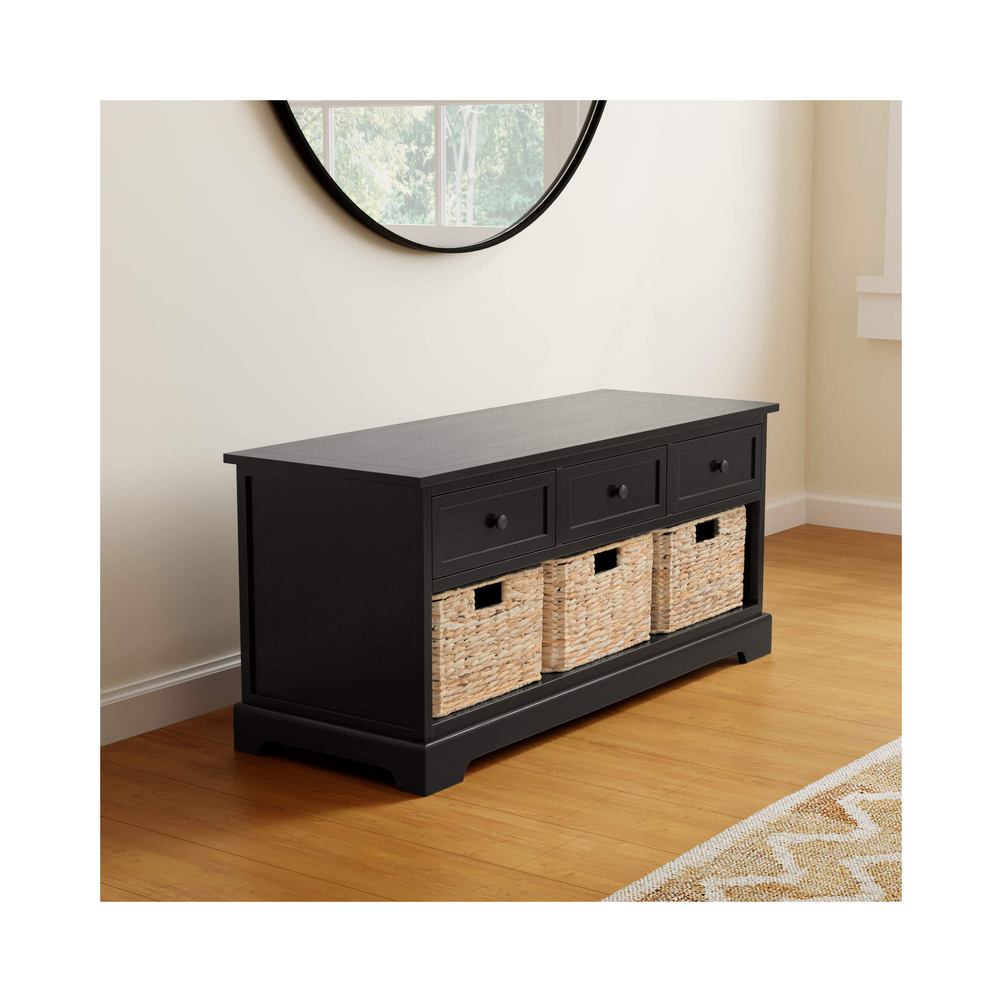 Adayla Solid Wood Drawers Storage Bench, Distressed Black