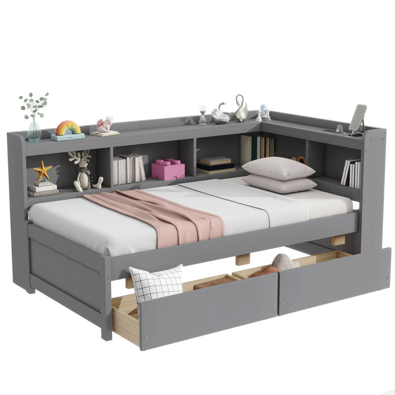 Lit simple en forme de L avec bibliothèques avec prises de courant, ports de chargement USB, deux tiroirs, Grey