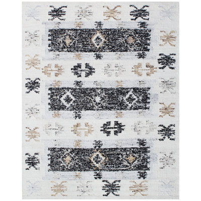 Tapis ivoire et noir noué à la main de haute qualité