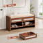 Banc à chaussures avec 2 tiroirs en rotin, banc de rangement à chaussures de style bohème avec assise rembourrée aspect lin et étagère ouverte
