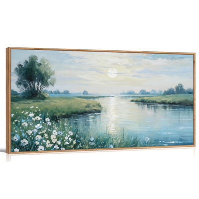TIHUSAGO Framed Canvas Wall Art Landscape Nature Country River Scene with Rustic Wildflowers, Modern Home Decor Picture for Living Room Bedroom Wall Artwork Ready to Hang (24x48 inches)
