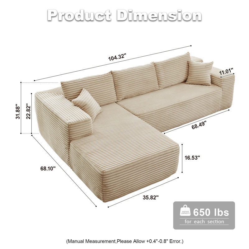 Canapé-lit 2 pièces avec coussin Kessas, Orienté vers la gauche, Velours côtelé beige plus