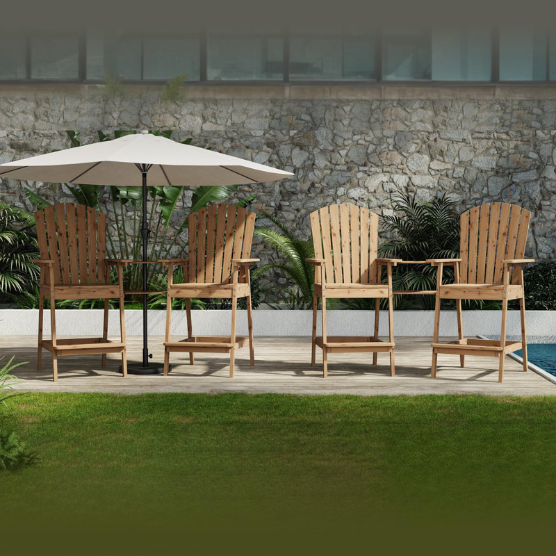 Ensemble de 4 chaises Adirondack d'extérieur à hauteur de bar avec plateau de connexion, Bois naturel