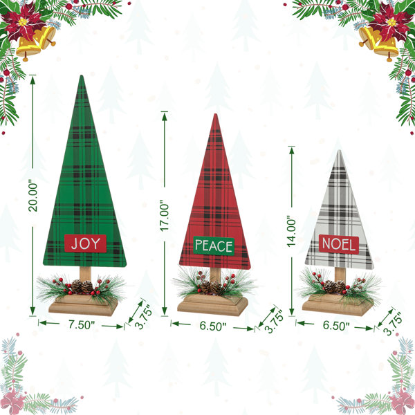 Whaline 5Pcs Wooden Christmas Tree Tabletop Decoration 3 Sizes Red Green  Plaid Xmas Tree Table Centerpieces Rustic Sanding Christmas Tree Wood Sign