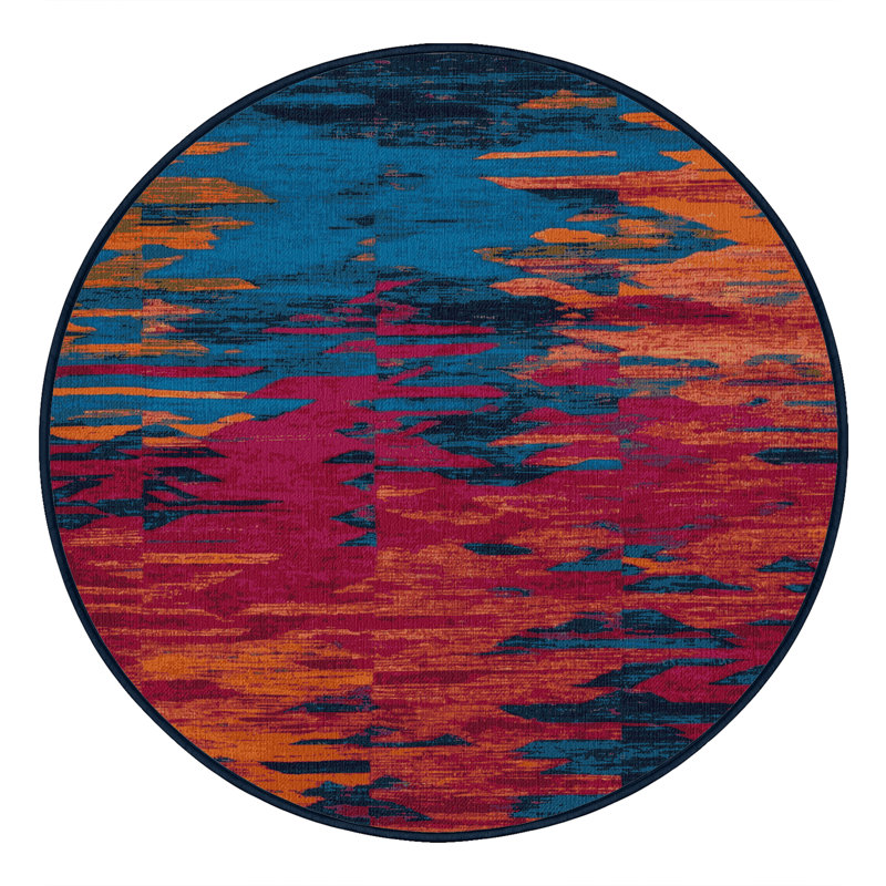 Tapis bleu Tabriz lavable à la machine, Rond 4 pi
