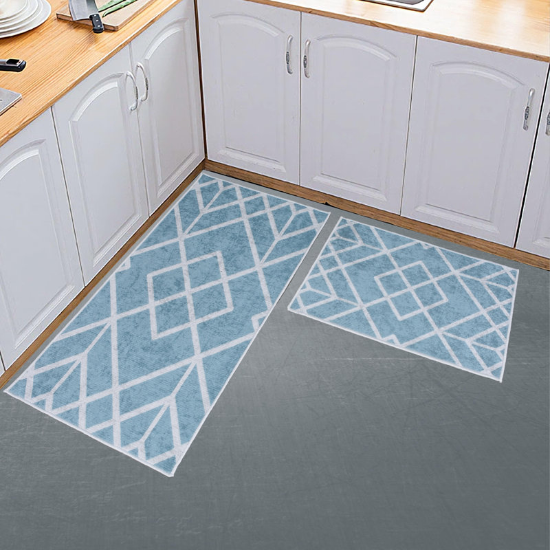 Jenohn Geometric Non-Skid Kitchen Mat, Amore-Teal